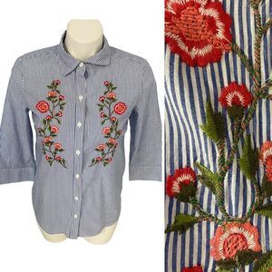 Karen Scott Shirt Womens PS Top Coastal Cottage Blue Stripe Floral Embroidery